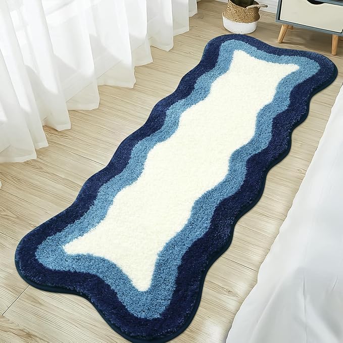 HAOCOO Bathroom Runner Rug 18x47 inch, Luxury Soft Non-Slip Long Bath Mat, Microfiber Machine Washable Blue Rug Runner Floor Mats for Bath Sink Tub Shower