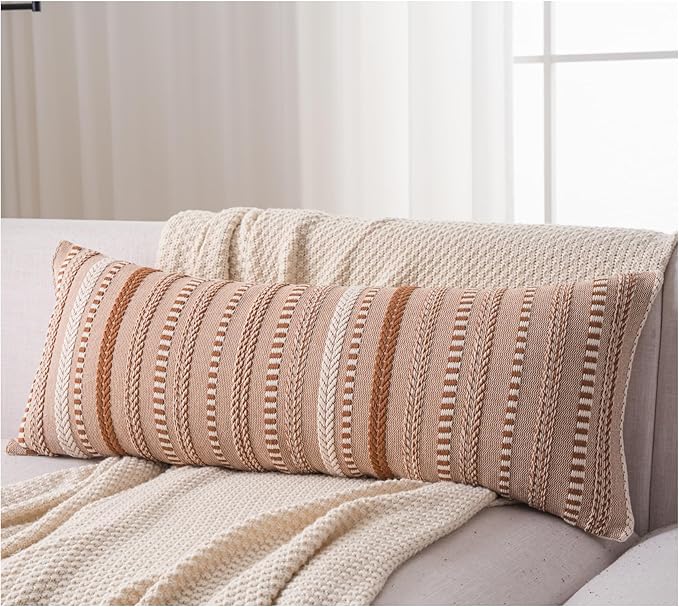 Boho Lumbar Pillow Covers 14x36 Long, Farmhouse Decorative Couch Pillow Cases, Brown Accent Pillows of Bed, Sofa Bedroom Living Room Home Decor Cushion Cover, Pack of 1