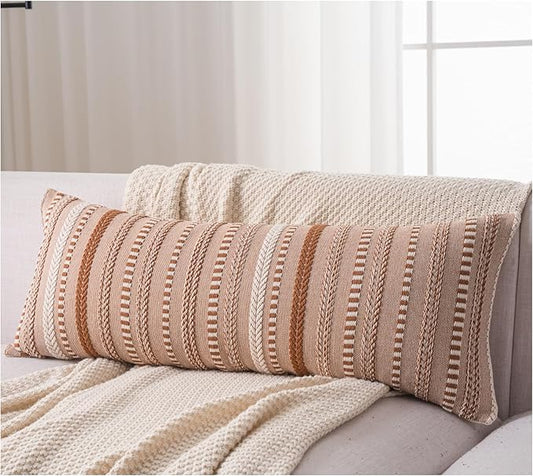 Boho Lumbar Pillow Covers 14x36 Long, Farmhouse Decorative Couch Pillow Cases, Brown Accent Pillows of Bed, Sofa Bedroom Living Room Home Decor Cushion Cover, Pack of 1