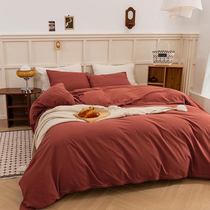 ECOCOTT Duvet Cover Queen Size - Linen Feel Textured Organic Natural 100% Washed Cotton, Soft Breathable 3 Pieces Bedding Set with Zipper Closure, Burnt Brick Red