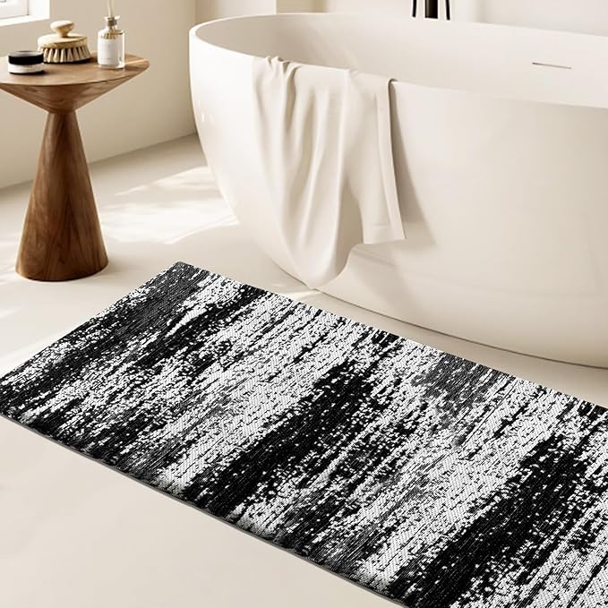 HDFK Graffiti Bath Mat | Non Slip Water Absorbent Quick Dry Woven Floor Mats | Thin Machine Washable Modern Shower Rug | Low Pile Profile Fit Under Door Vanity Room Bathroom Rugs | 30x20 Inch Black