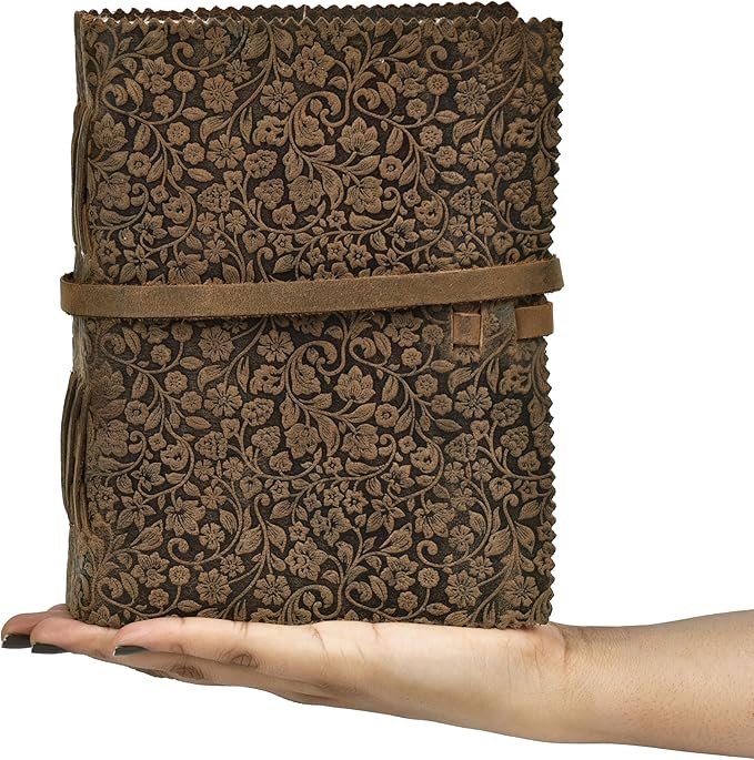 LEATHER VILLAGE Leather Bound Floral Embossed Journal for Women Men - 200 Pages, 6”X4”(A6), Brown - Book of Shadows, Vintage Blank Paper Travel Diary, Notebook for Writing, Drawing, Sketchbook