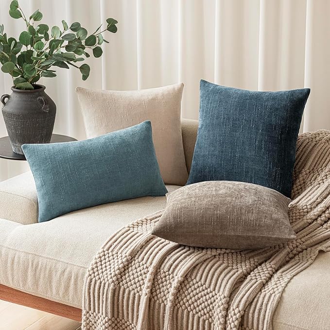 Foindtower Pack of 2 Soft Textured Chenille Throw Decorative Pillow Covers Square Accent Solid Cushion Cover Neutral Lumbar Pillow Case for Couch Sofa Bedroom Living Room 12x20 Inch,Light Blue