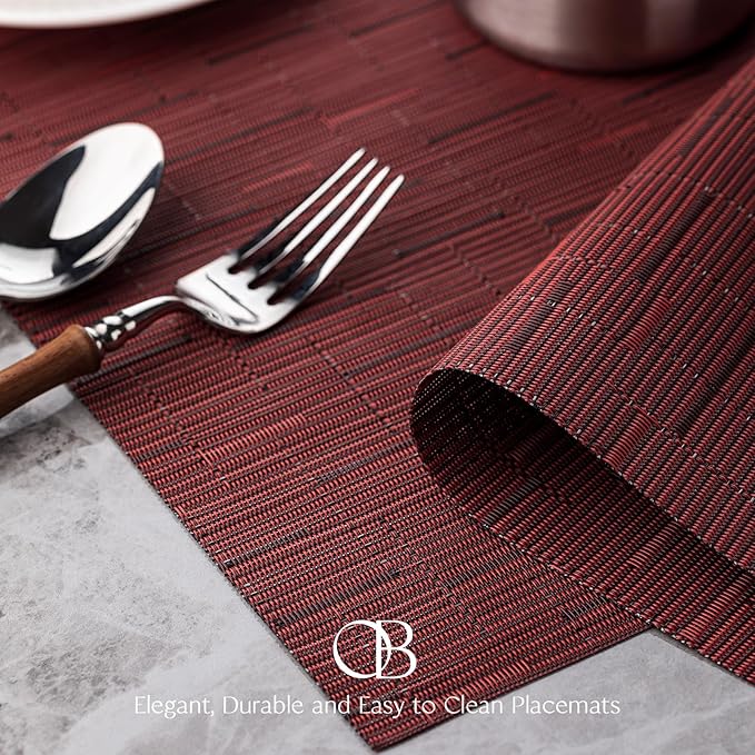 Placemats Set of 8 - Easy Clean Woven Vinyl Placemats for Dining Table, Indoor/Outdoor Place Mats, Washable PVC Table Mats （Burgundy）