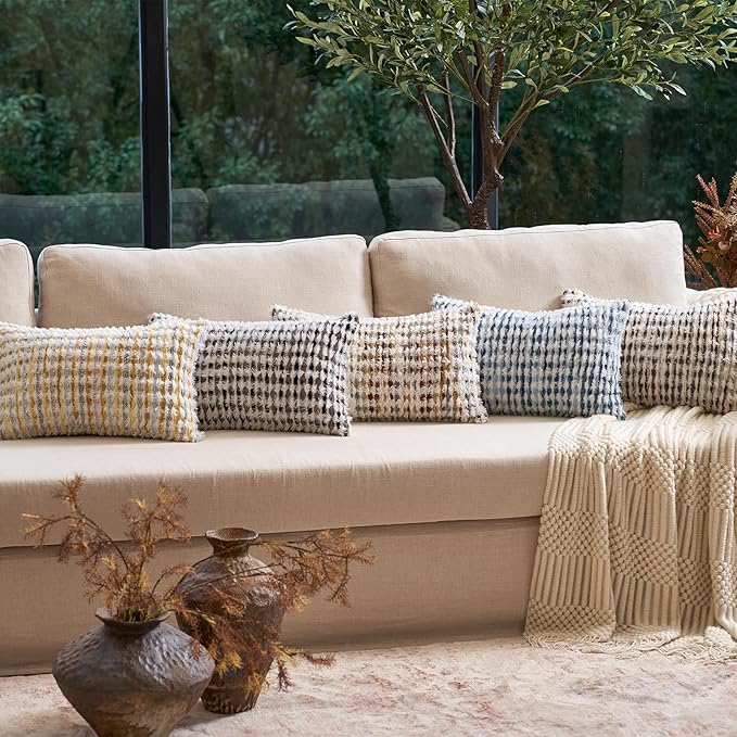 Aeckself Boho Chenille Tufted Pillow Cover 12x20 Inch, Rectangle Decorative Lumbar Throw Pillow Cover Neutral Pillowcase for Couch Bedroom Living Room, Blue White