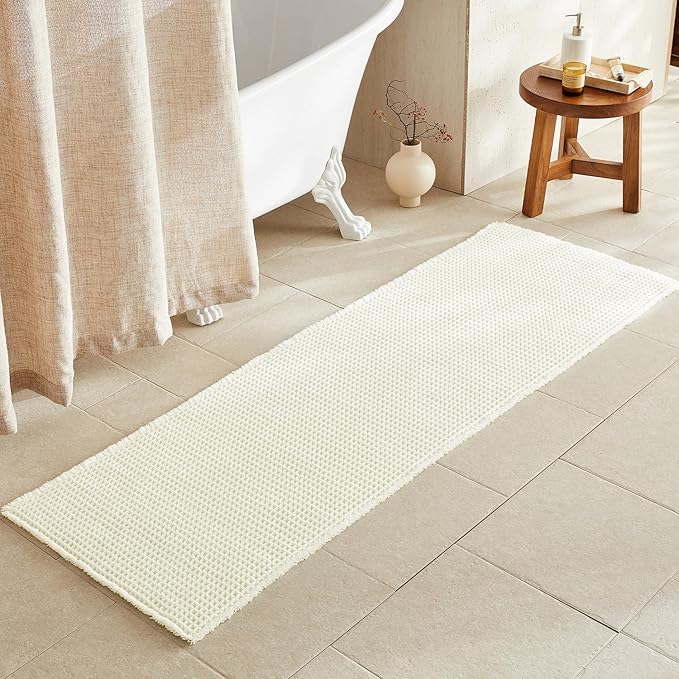 Cream White Long Bathroom Rugs, Waffle Runner Rug Bathroom Non Slip Washable Super Absorbent Quick Dry Boho Farmhouse Bath Mat, 72"x24" Cream White