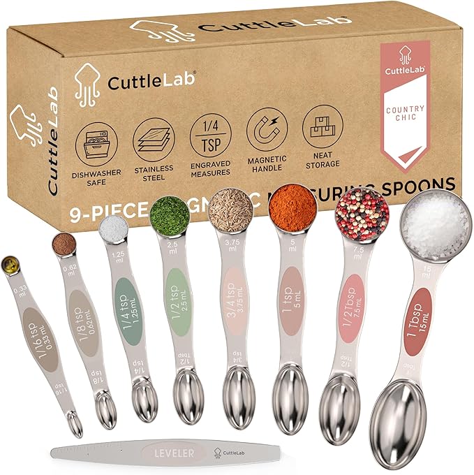 Magnetic Measuring Spoons Set - Stainless Steel, Double Ended, Stackable & Nested Design for Dry and Liquid Ingredients, Ideal for Spice Jars, 9-Piece Set with Leveler (Country Chic)