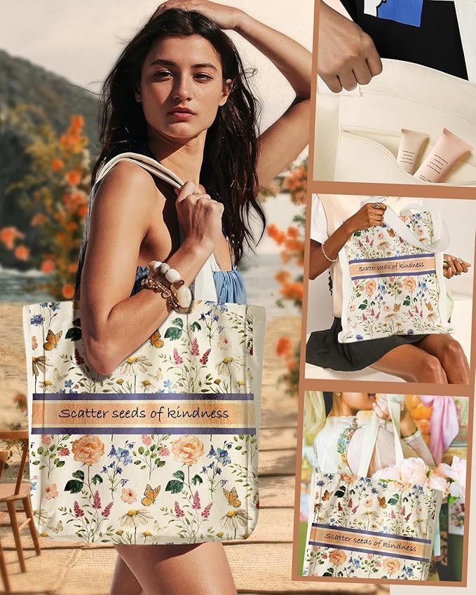 Aesthetic Heavy Canvas Tote Bag with Pocket for Women, Cloth Gusseted Totes Bag with Pattern for Shopping