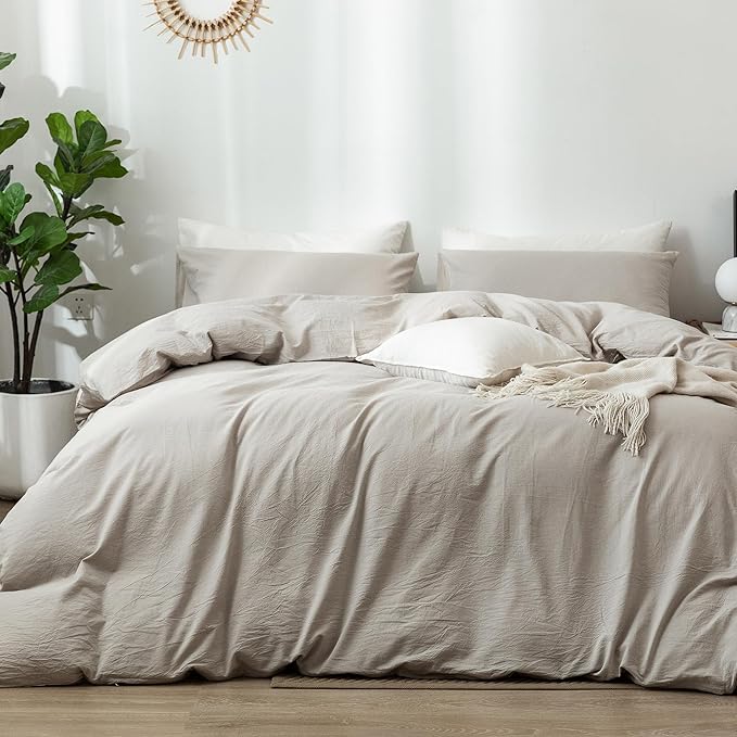 MooMee Bedding Duvet Cover Set 100% Washed Cotton Linen Like Textured Breathable Durable Soft Comfy (Heathered Cream Grey, Queen 90"x90")