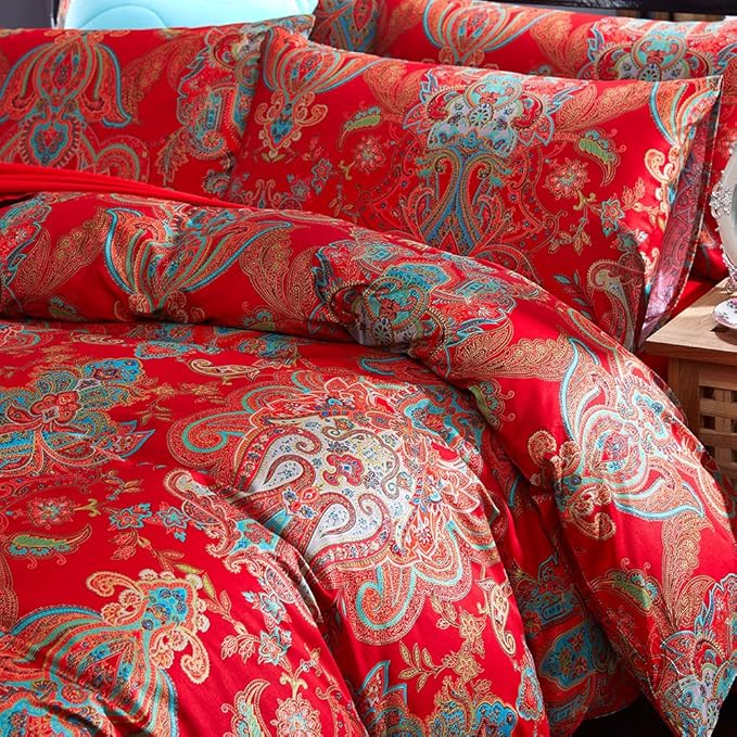 mixinni Long Staple Cotton Percale Paisley Duvet Cover for Queen Size Bed Boho Floral Pattern 3 Pieces Bedding Set with Zipper Ties for Him and Her, 1 Duvet Cover and 2 Pillowcases for All Seasons