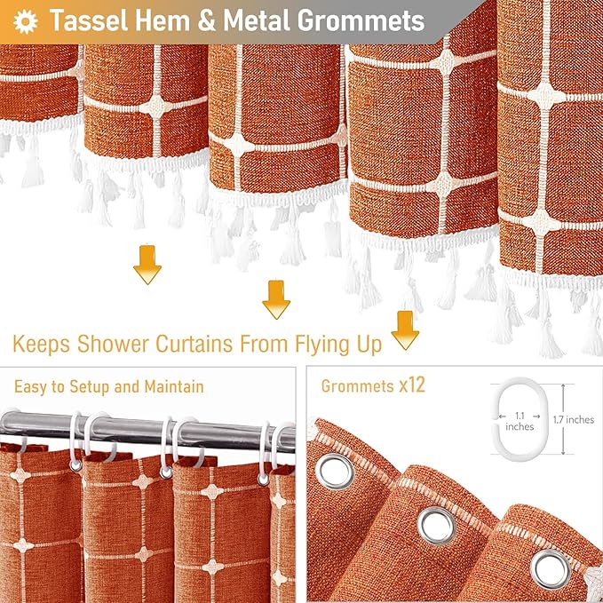 BTTN Extra Long Shower Curtain - 72x84 Inch Long Boho Chic Tassel Linen Fabric Shower Curtain Set with Hooks, Tall Modern Farmhouse Elegant Heavy Duty Cloth Shower Curtains for Bathroom - Burnt Orange