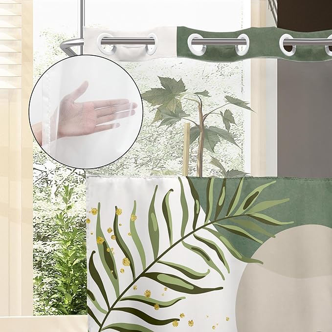 Sage Green Boho No Hooks Shower Curtain with Snap in Liner 72Wx72H Modern Mid Century Abstract Gold Leaves Minimalist Geometric Bathroom Decor Neutral Aesthetic Bath Curtain Fabric Polyester