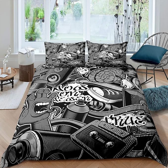 Feelyou Graffiti Bedding Set for Teens Boys Queen Rock Music Theme Duvet Cover Set Hip Hop Comforter Cover Set Kids Teenage Street Art Quilt Cover Hippie Room Decor Bedding with 2 Pillow Shams (3Pcs)