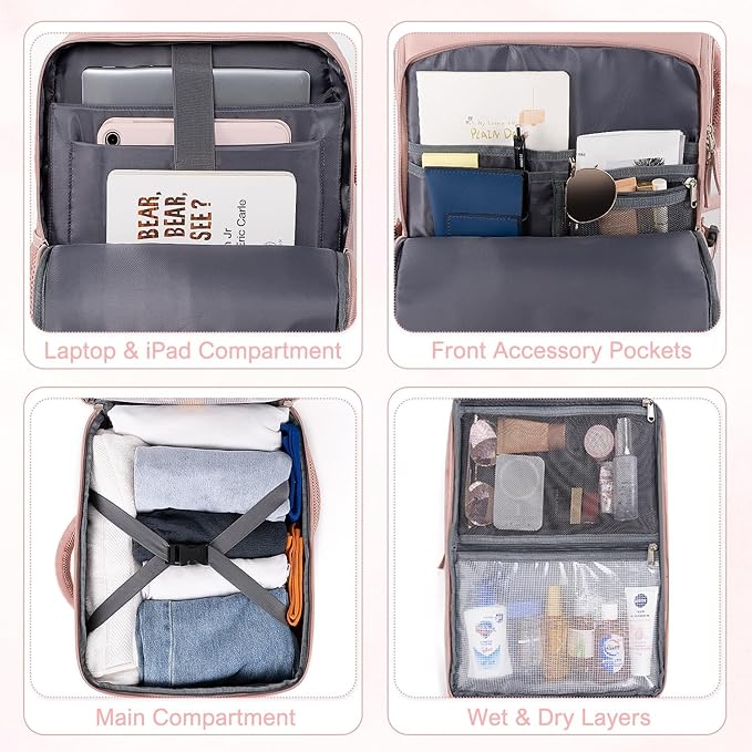 Travel Backpack for Women, Flight Approved Carry On Backpack with USB Charging Hole, Lightweight Travel Bag, Waterproof Causal Bookbag for College, Travel, Work