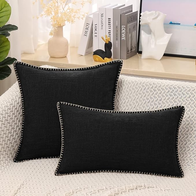 decorUhome Decorative Outdoor Throw Pillow Covers 20x20 Set of 2, Square Linen Rustic Neutral Farmhouse Euro Pillow Covers with Stitched Edge for Couch, Sofa, Living Room, Black