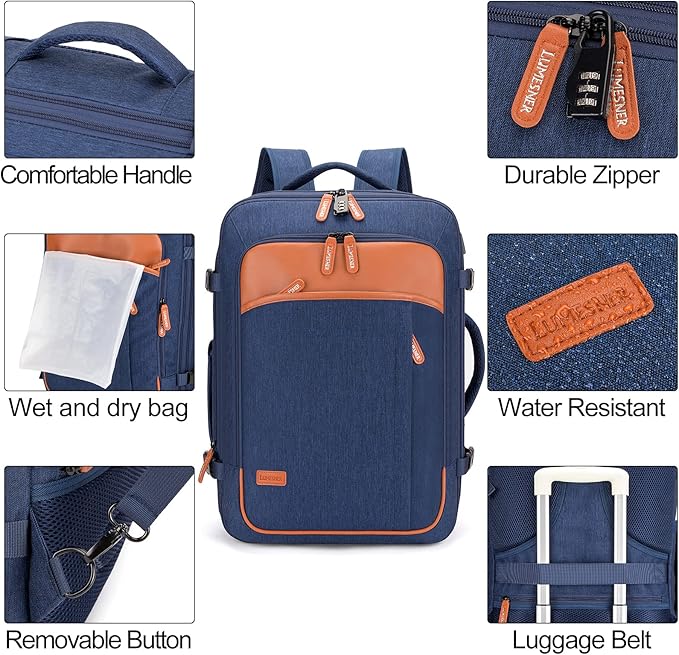 Carry on Travel Backpacks, Extra Large 40L Flight Approved Bag for Men & Women,Expandable Suitcase Backpack With 4 Packing Cubes,Water Resistant Luggage Daypack Business Weekender Bag,Blue