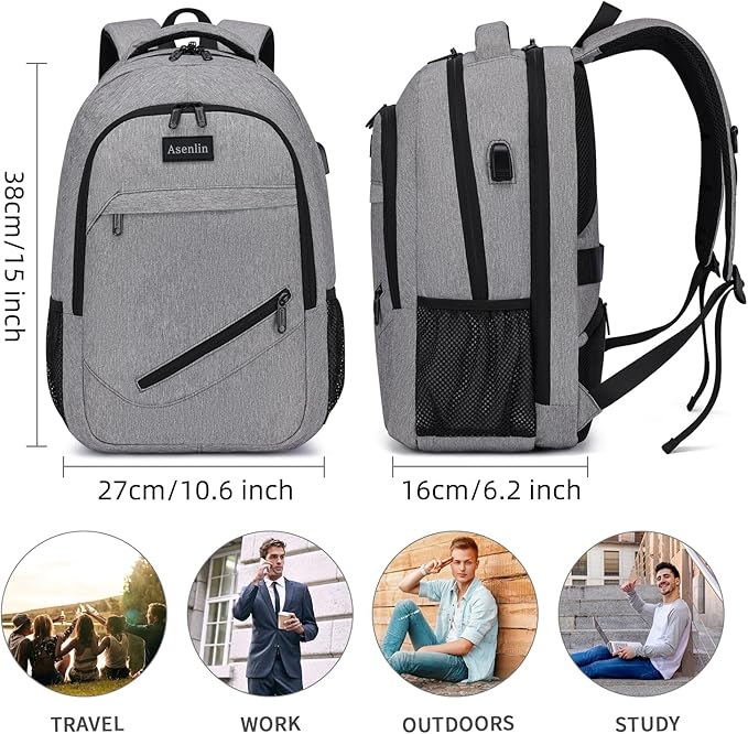 Asenlin Travel Laptop Backpack for Women & Men,Water Resistant Business Slim Sturdy Laptops Backpack with USB Charging Port,Fits 15.6 Inch Notebook College School Computer Bag-Grey