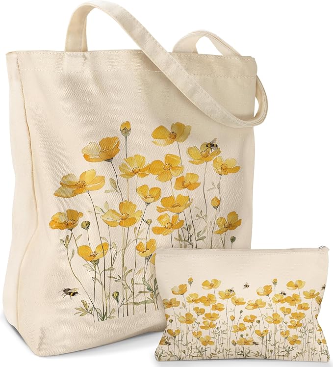 Aesthetic 2 Pack Canvas Tote Bag - with Makeup Zipper Pouch for Women Bag for Shopping, Gym, Travel, Vacation