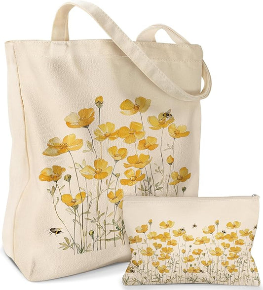 Aesthetic 2 Pack Canvas Tote Bag - with Makeup Zipper Pouch for Women Bag for Shopping, Gym, Travel, Vacation