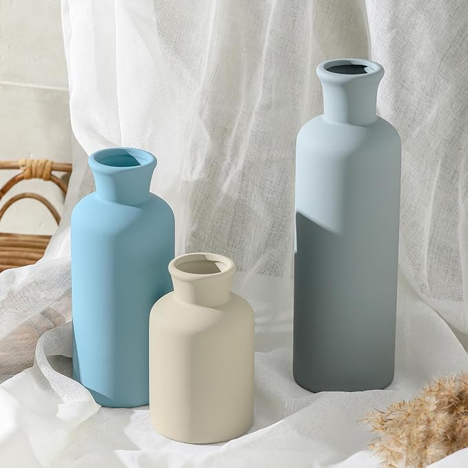 Ceramic Vase Set of 3, Neutral Modern Vases Home Decor Boho Vase Farmhouse Decor Flowers Pampas Vases for Table Mantel Entryway Shelf Living Room Kitchen Bathroom - Blue