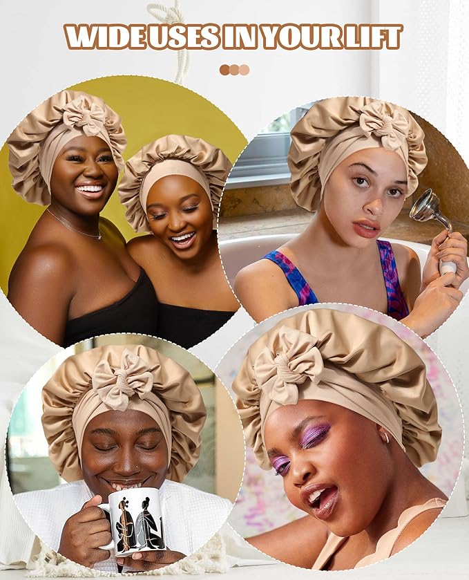 Satin Bonnet Silk Bonnet for Sleeping Silk Sleep Cap Double Layer Hair Bonnet with Elastic Tie Band for Curly Hair Night Cap (Coffee + Champagne)