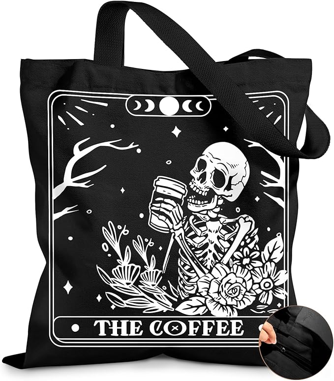 Canvas Tote Bag for Women – Aesthetic Canvas Bag with Zipper Cute Stylish Reusable Shoulder Totes for Shopping Work Daily Vacation, Coffee Skull