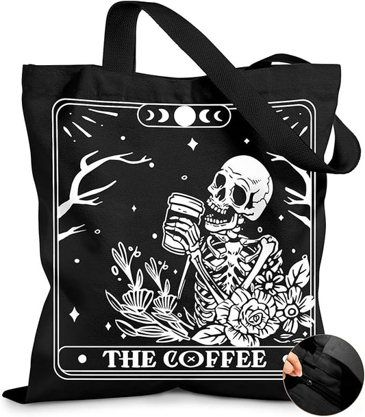 Canvas Tote Bag for Women – Aesthetic Canvas Bag with Zipper Cute Stylish Reusable Shoulder Totes for Shopping Work Daily Vacation, Coffee Skull
