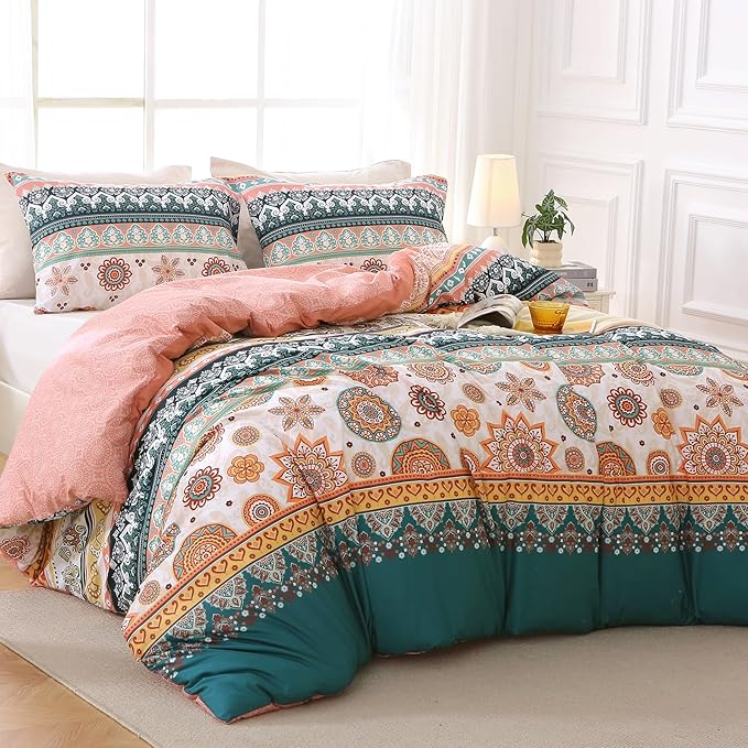 MUXHOMO Duvet Cover King Size, Reversible Floral Boho Flower Duvet Cover Set with Zipper Closure, 3 Pieces Botanical Patterns Soft Microfiber Bedding Set with 4 Ties (104"x90", 2 Pillow Cases)