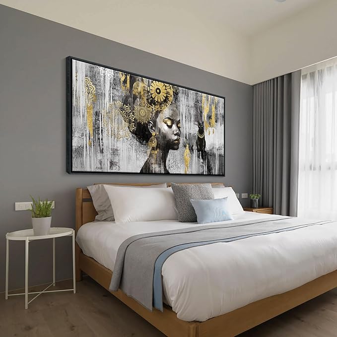 KLAKLA Large Black Wall Art - African American Black Girl Wall Art Colorful Black African Woman Black and Gold Canvas Picture Framed Wall Decor for Living Room Bedroom Home Decoration