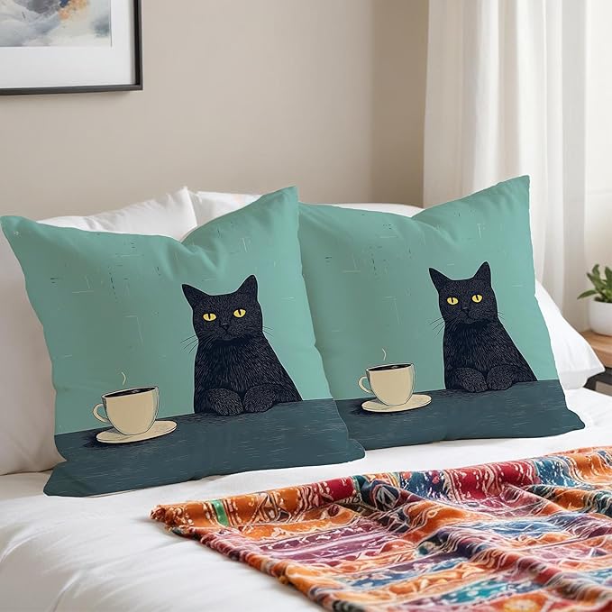 Black Cat Pillow Covers 18x18，Cat Lovers Mom Grandma Gifts for Mother's Day, Black Cats with a Cup Pillow Covers for Home Bedroom Living Room Office Decor