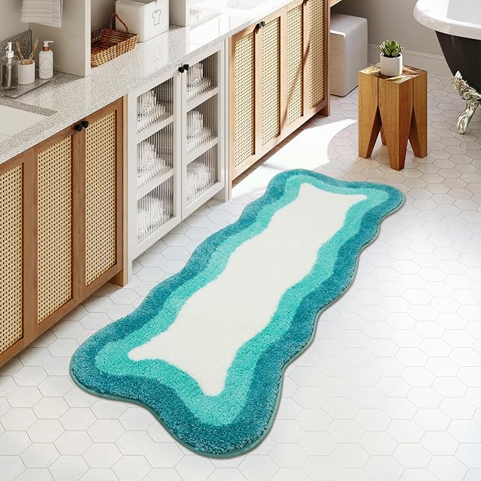 HAOCOO Aqua Blue Gradient Scalloped Runner Rug, 24x59 Inch Irregular Shape Bath Rug,Washable Absorbent Bathroom Runner Rug for Bedroom Bathtub Sink Shower