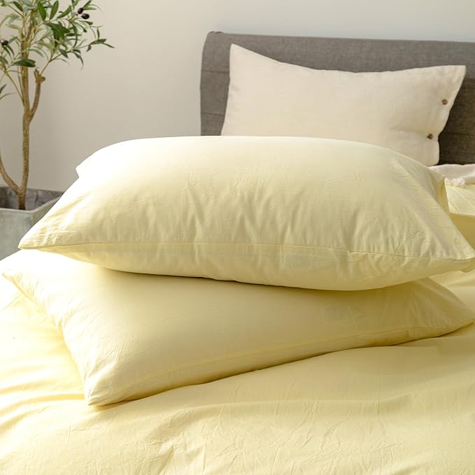 FOSSA Duvet Cover Set 100% Washed Cotton Linen Feel Super Soft Breathable Cozy 3 Pieces Bedding Sets Solid Pastel Yellow Oversized Queen