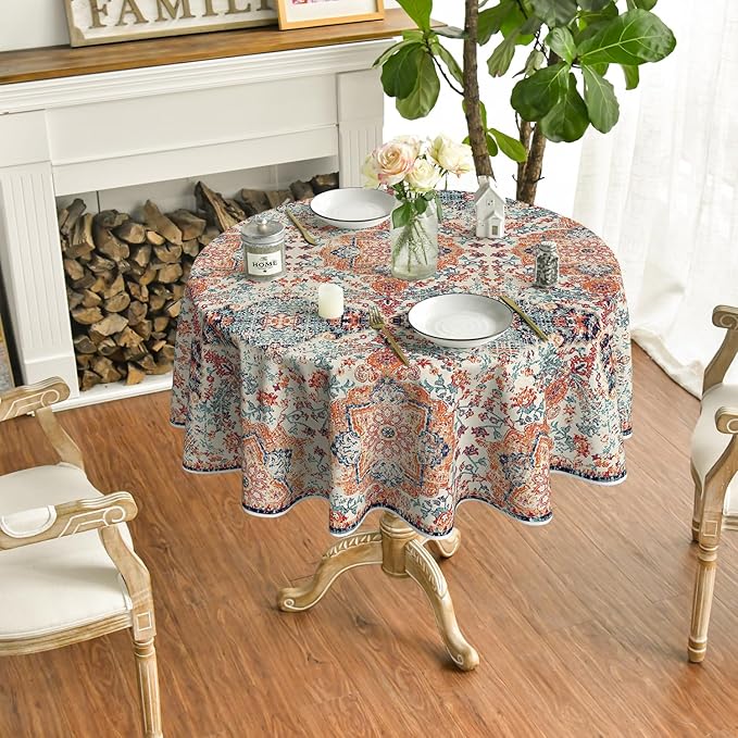Horaldaily Boho Bohemia Style Tablecloth 70x70 Inch Round, Vintage Country Rustic Farmhouse Magical Fall Orange Washable Seasonal Table Cover for Party Picnic Dinner Decor