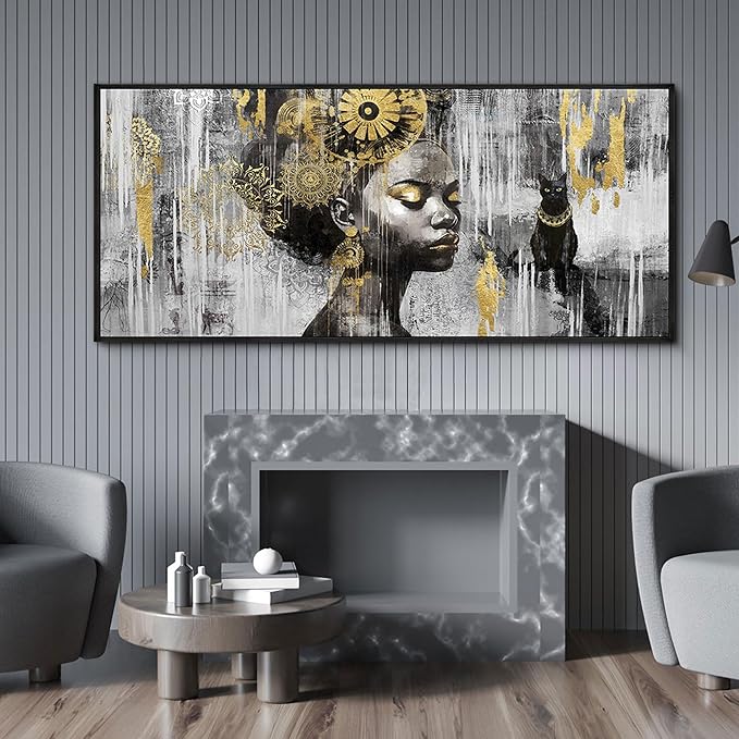 KLAKLA African American Wall Art - Large Black Girl Black Woman Black and Gold Artwork Canvas Picture Framed Wall Decor for Living Room Bedroom Home Decoration