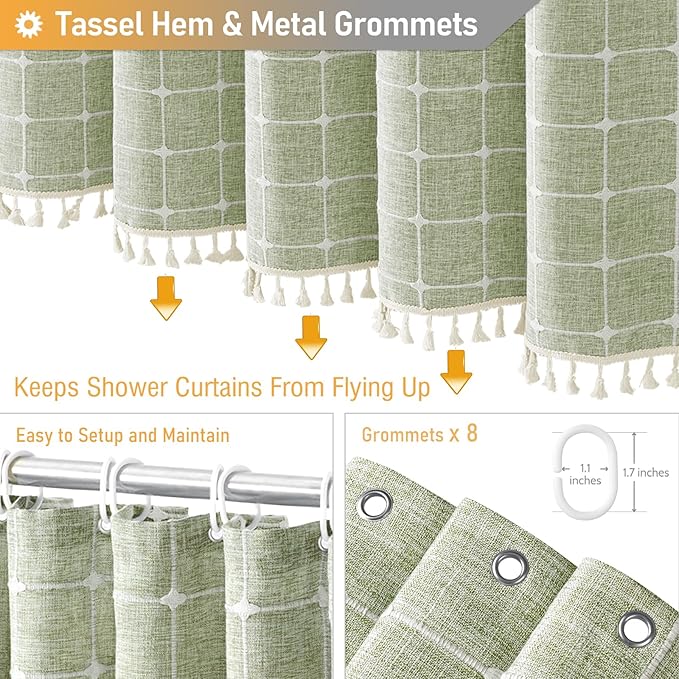 BTTN Boho Shower Stall Curtain - 48x72 Narrow Linen Ultra Thick Tassel Fabric Shower Curtain Set with 8 Plastic Hooks, Half Camper RV Modern Farmhouse Country Shower Curtains for Bathroom, Sage Green