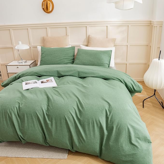 ECOCOTT Sage Green Duvet Cover Queen Size, 3 Piece 100% Washed Cotton 1 Duvet Cover with Zipper and 2 Pillowcases, Ultra Soft and Easy Care Breathable Cozy Bedding Set(Sage Green, Queen)