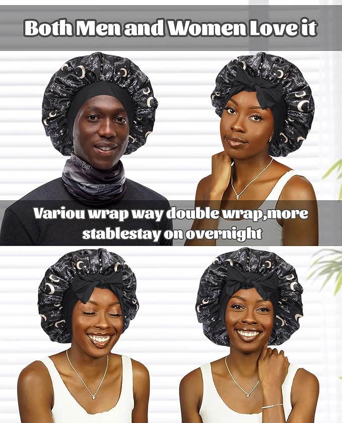 Satin Bonnet Silk Bonnet for Sleeping Silk Sleep Cap Double Layer Hair Bonnet with Elastic Tie Band for Curly Hair Night Cap (Black stars and moon+Black)