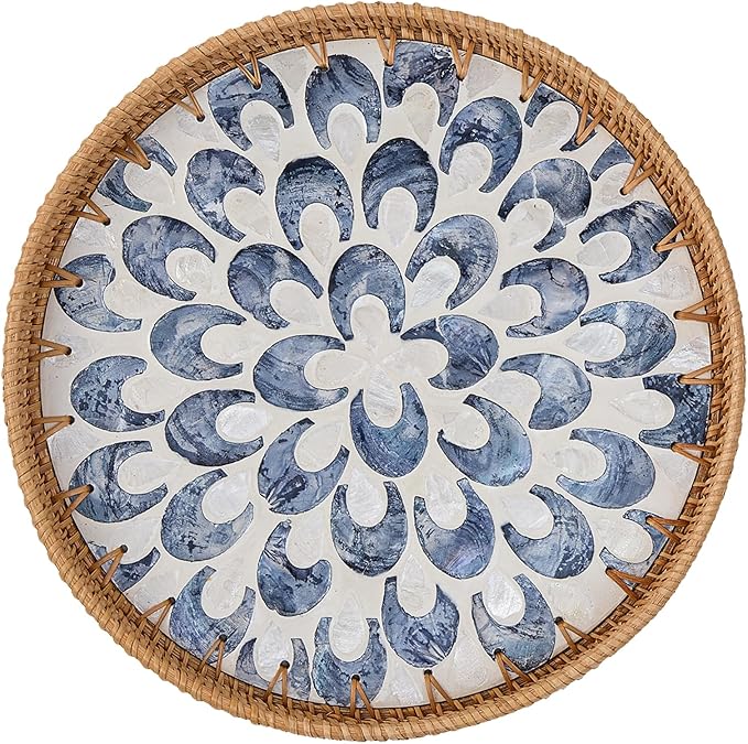 Round Rattan Tray for Home Decor 11.8 inch, Modern and Boho Decor Serving Tray with Mother of Pearl Inlay, Wicker Basket for Coffee Table, Hand Woven Decorative Tray Plates (Black)