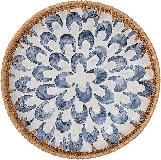 Round Rattan Tray for Home Decor 11.8 inch, Modern and Boho Decor Serving Tray with Mother of Pearl Inlay, Wicker Basket for Coffee Table, Hand Woven Decorative Tray Plates (Black)