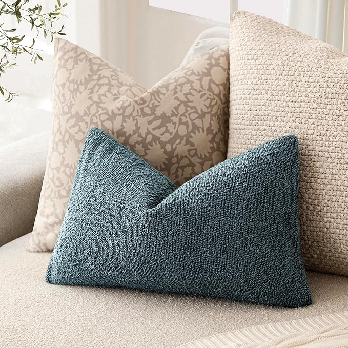 Foindtower Pack of 2 Textured Boucle Throw Pillow Covers Accent Solid Decorative Lumbar Pillow Cases Cozy Couch Cushion Case for Chair Sofa Bedroom Living Room Home Decor 12x20 Inch Misty Blue