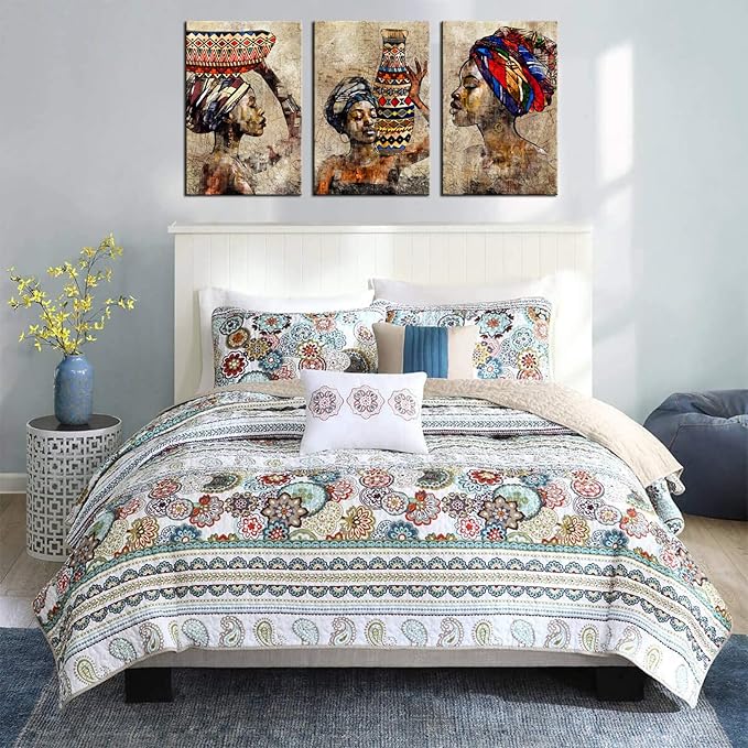 Biuteawal 3 Pieces African American Wall Art Tribal Black Girl Ethnic Style Picture Vintage Brown Artwork Abstract Painting for Bedroom Home Decor Stretched and Framed Ready to Hang