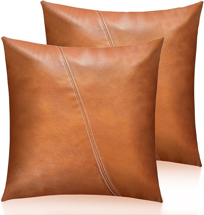 Faux Leather Throw Pillow Covers 18X18 Inch Brown Outdoor Modern Farmhouse Solid Decorative Pillow Covers for Room Couch Living Bedroom Bed Sofa Single Sutures