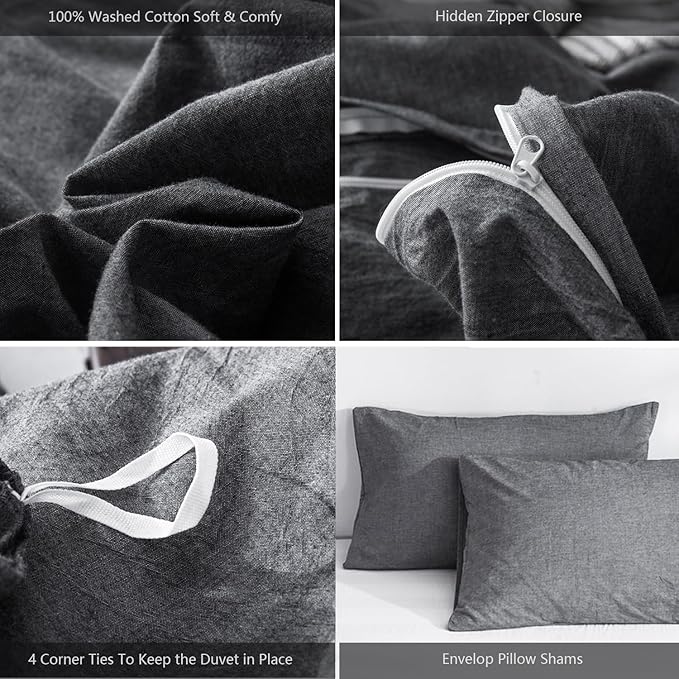 MooMee Bedding Duvet Cover Set 100% Washed Cotton Linen Like Textured Breathable Durable Soft Comfy (Heathered Dark Grey, Oversized King Plus 128"x120")