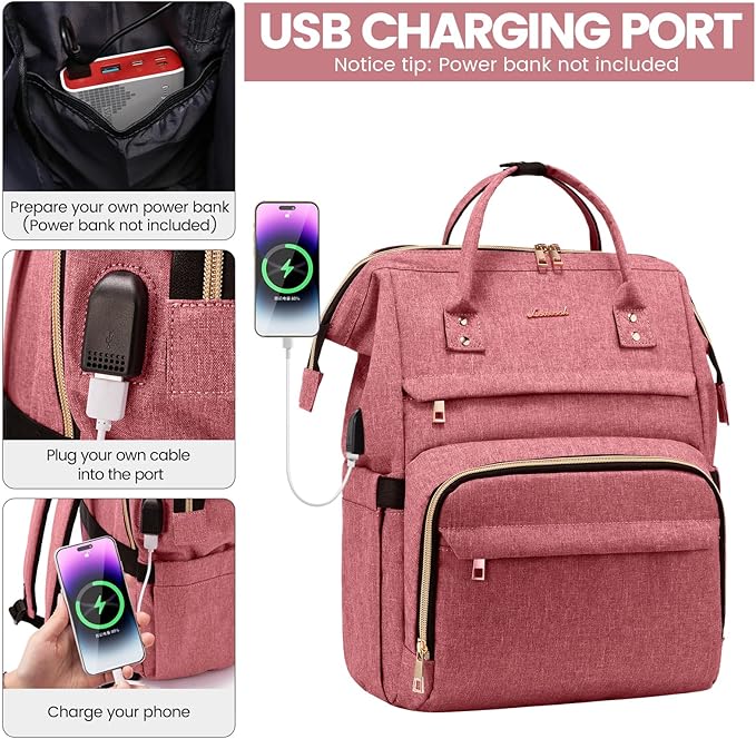 LOVEVOOK Laptop Backpack for Women,15.6 Inch Professional Womens Travel Backpack Purse Computer Laptop Bag Nurse Teacher Backpack,Waterproof College Work Bag Carry on Back Pack with USB Port,Light-red