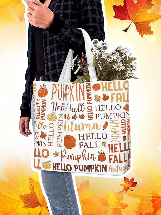 Bencailor 2 Pcs Fall Canvas Tote Bag Thanksgiving Pumpkin Maple Leaf Tote Pouch Cute Aesthetic Reusable Grocery Bag for Women