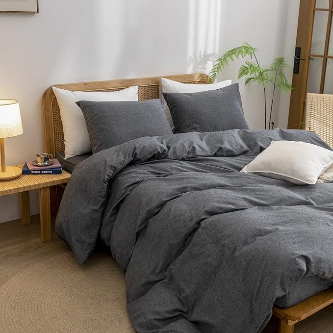BESTOUCH Duvet Cover Set 100% Washed Cotton Linen Feel Super Soft Comfortable Chic Lightweight 3 PCs Home Bedding Set Solid Dark Black King