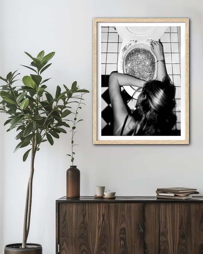 EcoHest Trendy After the Disco Party Framed Wall Art, Large 16x20 in OAK Wood Black and White Funny Bathroom Canvas Art, Teen Girl Poster College Dorm Decor, Set of 1 for Bedroom Living Room