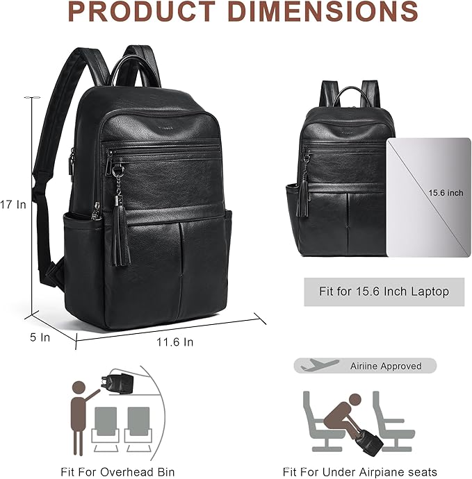 Leather Laptop Backpack for Women, 15.6" Causal Daypack Backpacks Purse Computer Backpack with Laptop Compartment for Travel Work College Business, Black