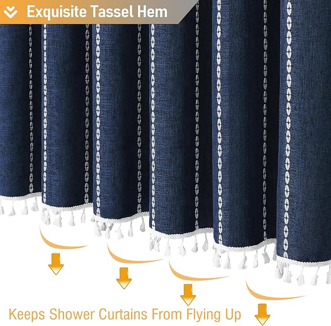 BTTN Boho Farmhouse Shower Curtain - Linen Rustic Weighted Striped Fabric Shower Curtain Set with Tassel, Water Repellent, Bohemian Vintage Country Cloth Shower Curtain for Bathroom, Navy Blue, 72x72