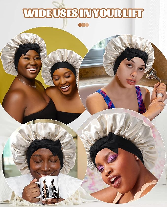 Satin Bonnet Silk Bonnet for Sleeping Silk Sleep Cap Double Layer Hair Bonnet with Elastic Tie Band for Curly Hair Night Cap (Black + Champagne)